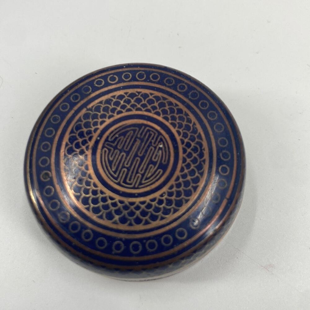 Antique fish scale blue and copper Chinese Cloisonne Round Box with Lid